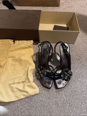 Louis Vuitton Black Jeweled Flower Slingback Heels 35.5